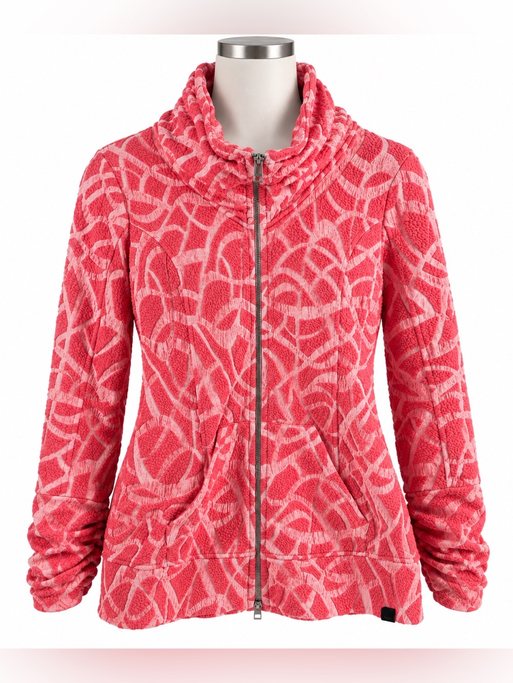 Tonia Debellis zip up sweater quilted coral pattern ruched sleeves & neck sz lg